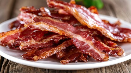 Obraz premium Close-up of thick-cut smoked bacon strips, with crispy edges, arranged on a white ceramic plate.