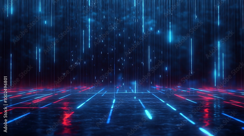 Poster futuristic digital environment with neon lights and a matrix-like feel, ideal for sci-fi and tech th