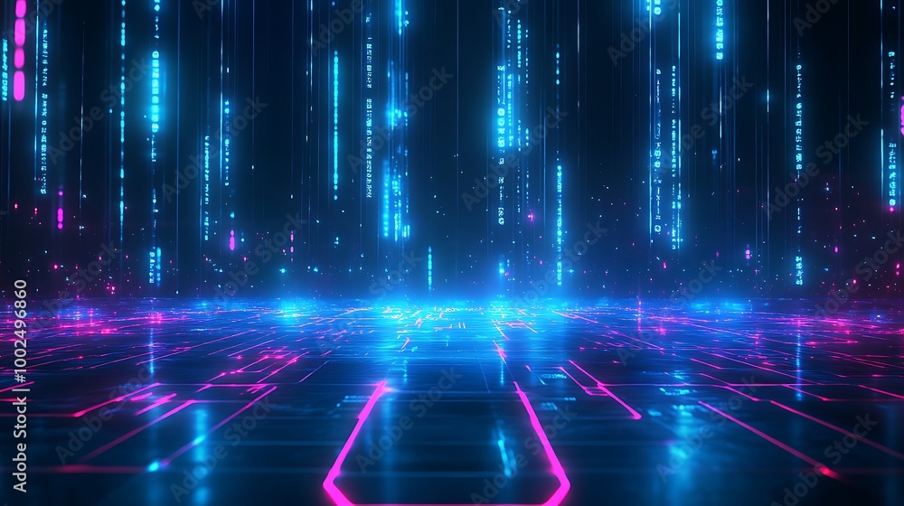 Poster futuristic digital environment with neon lights and glowing patterns, perfect for sci-fi or tech-rel