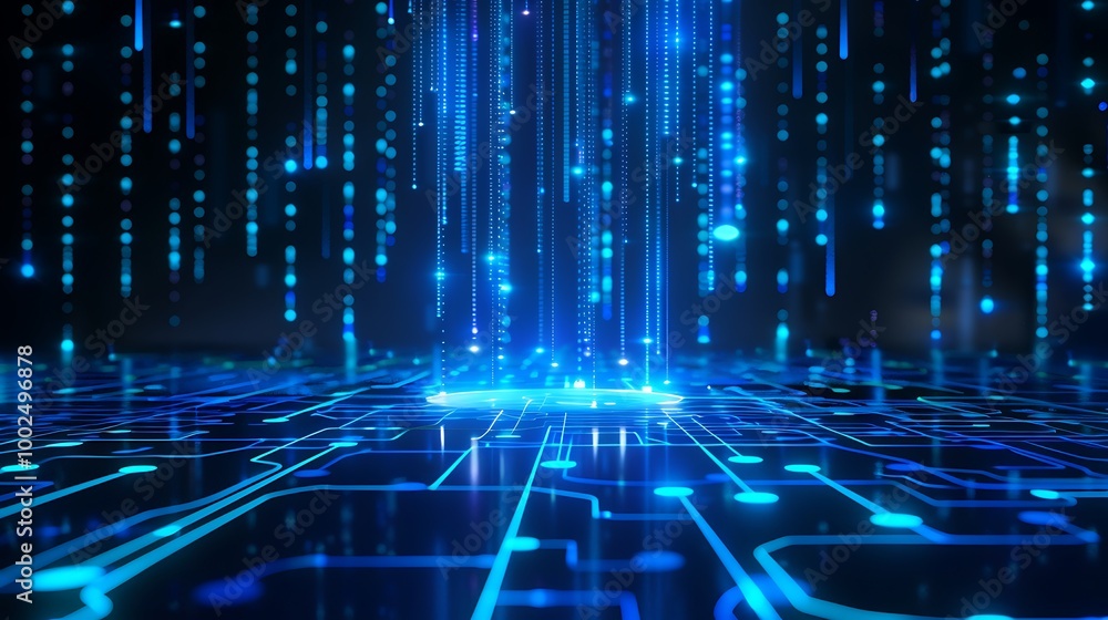 Aufkleber futuristic digital grid with blue light streaks and data flow effects in a high-tech environment.