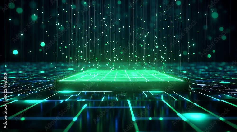 Poster futuristic digital grid with glowing green elements and data streams on a dark background.