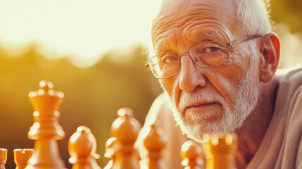 pensive elderly man deeply involved in a chess match, with the pieces prominently featured in the foreground
