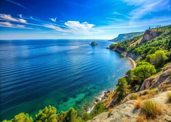 A picturesque scene of the Black Sea coastline in Crimea, Ukraine, featuring clear blue skies and softly lapping