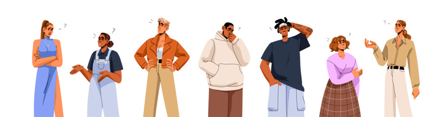 Set of pensive people with question mark. Thoughtful men and women ask, thinking, solve problems. Puzzled, confused characters doubt, wondering. Flat isolated vector illustrations on white background