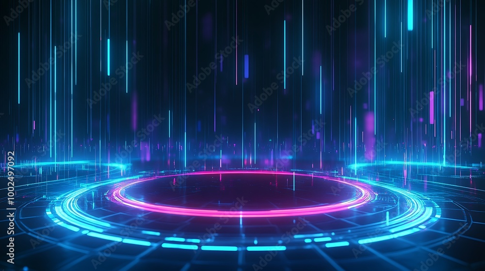 Poster futuristic digital interface with glowing neon lines and circular patterns on a dark background.