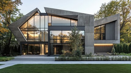Exterior of a contemporary residential building with sharp geometric shapes, floor-to-ceiling windows, and a mix of concrete and glass materials.