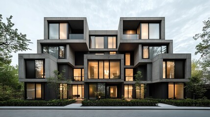 Obraz premium Exterior of a contemporary residential building with sharp geometric shapes, floor-to-ceiling windows, and a mix of concrete and glass materials.