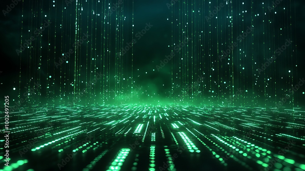 Poster futuristic digital landscape featuring glowing green binary code streaming down against a dark backg