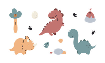 Set with cute dinosaurs. Triceratops, T-rex, Diplodocus. For kids design, fabric, wrapping, cards, textile, wallpaper, apparel. Isolated vector cartoon illustration in flat style on white background.	