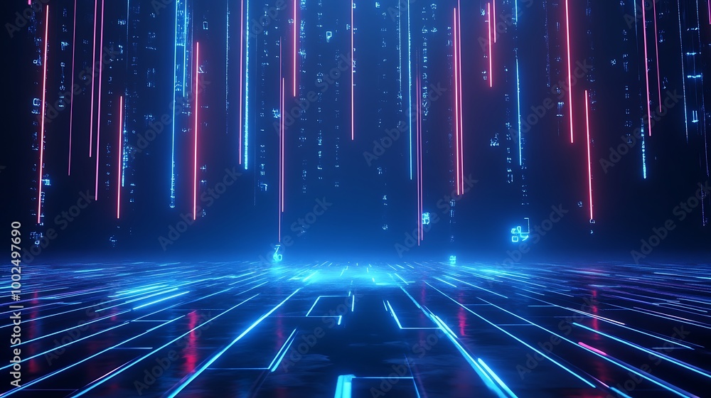 Poster futuristic digital landscape with blue and red neon lines creating a matrix effect.