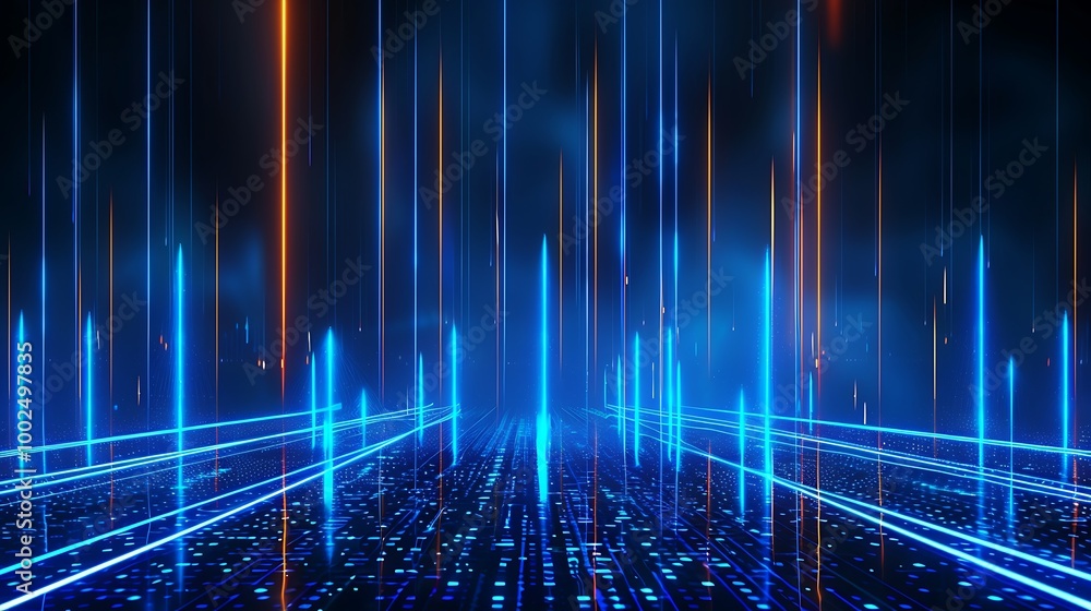 Poster futuristic digital landscape with blue light beams and glowing dots on a dark background, creating a