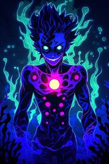 Glowing Neon Demon Figure in Fire and Smoke