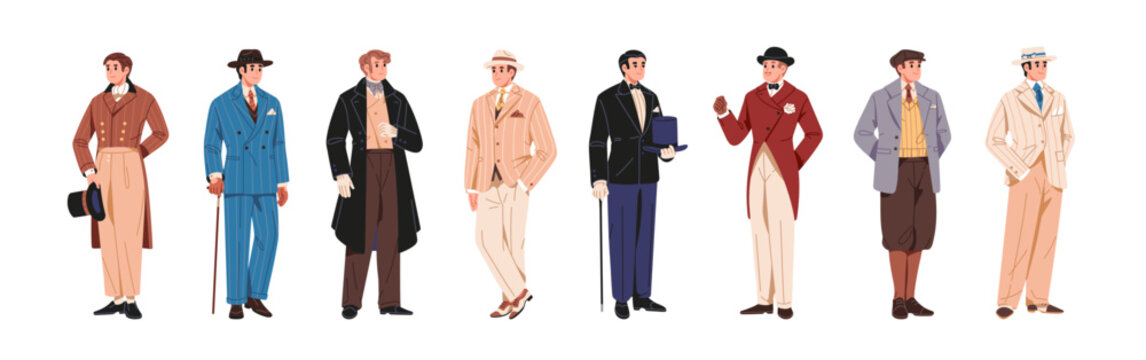 Vintage gentlemen of 20th century set. English aristocrats in