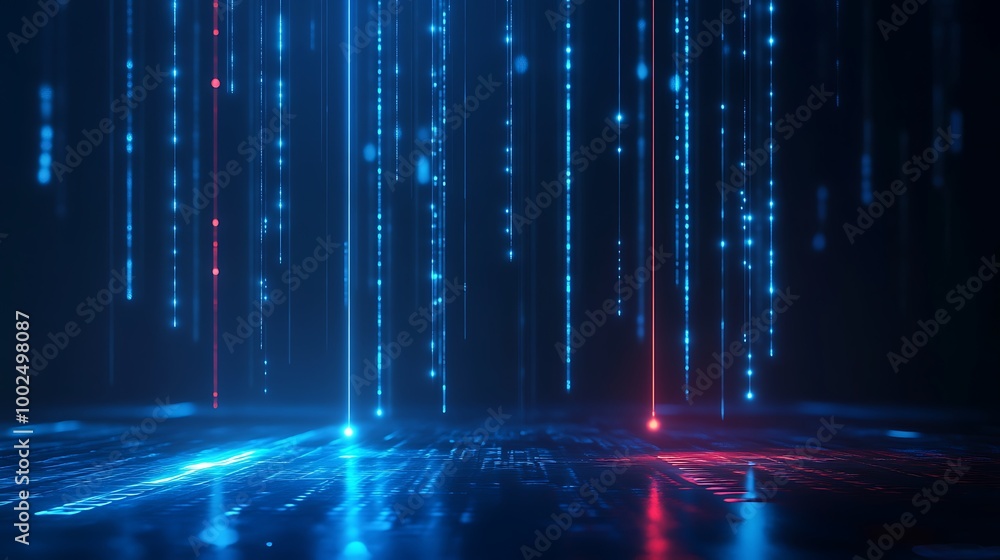 Poster futuristic digital landscape with cascading blue and red data streams in a dark environment.