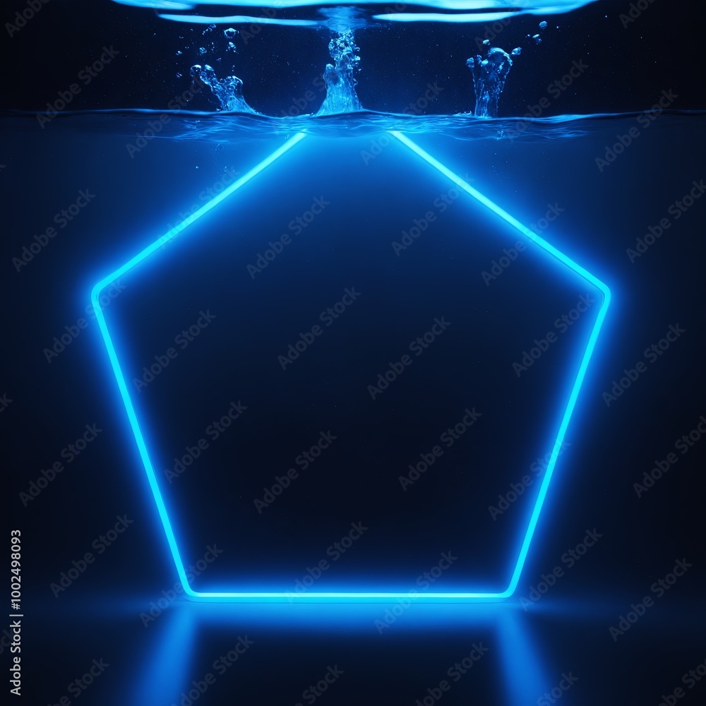 Poster glowing blue neon pentagon frame submerged in water, with fluid waves splashing out, blending futuri