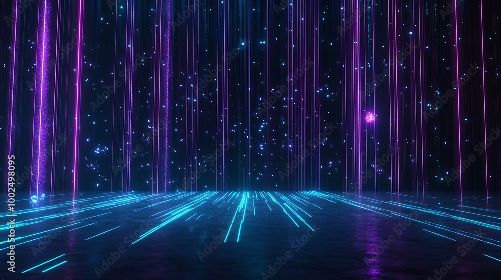 Poster futuristic digital landscape with colorful light beams creating a mesmerizing visual effect.