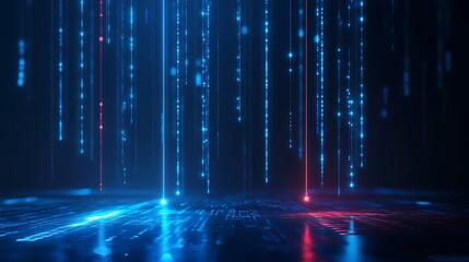 Futuristic digital landscape with cascading blue and red data streams in a dark environment.