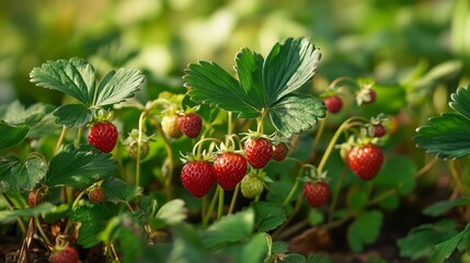 Obraz premium Fresh strawberries growing in a lush garden during the late afternoon sun on a warm summer day