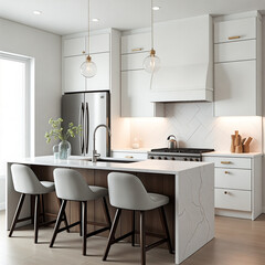 Kitchen with a white island and a countertop with a teapot on it