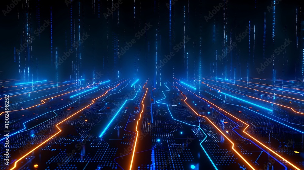 Poster futuristic digital landscape with glowing blue and orange lines creating an abstract circuit board d