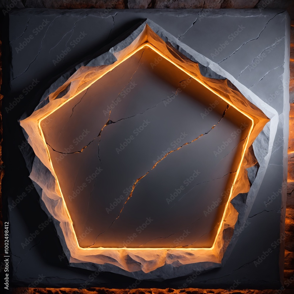 Poster glowing pentagonal design with a warm orange light, framed by rough, white rock-like textures. the c