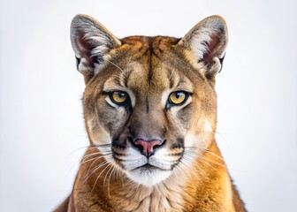 A striking puma with a sharp gaze and sleek fur stands out against a pristine white background, showcasing