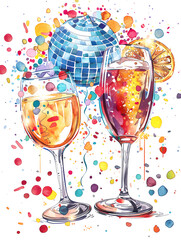 New Year and Christmas card, graphic advertising backgrounds in a doodle 2D illustrator style.