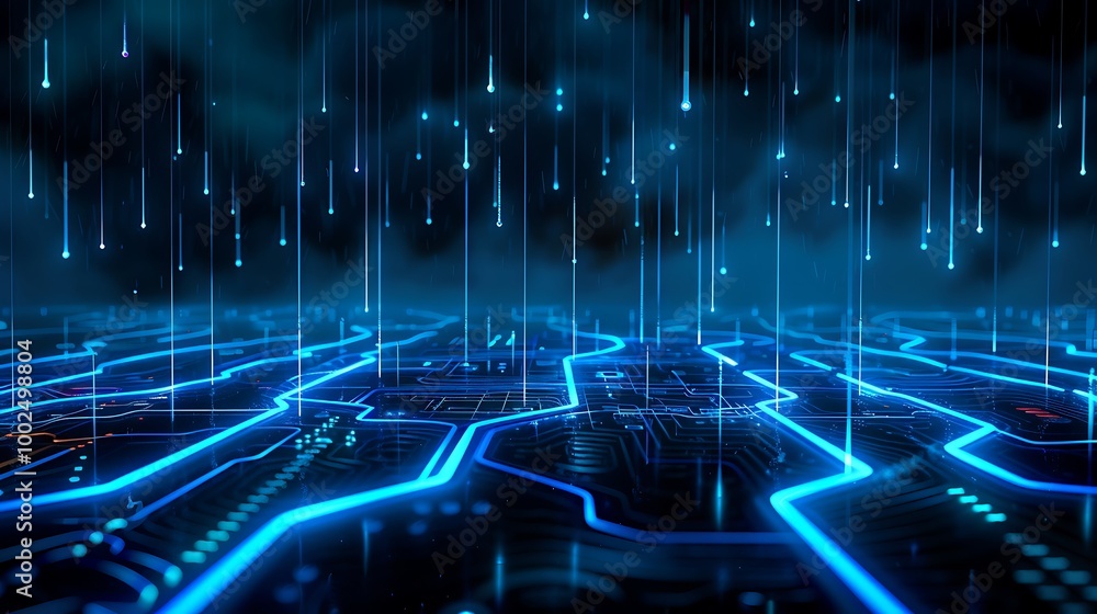 Poster futuristic digital landscape with glowing blue circuit patterns and data streams, creating a cyberne