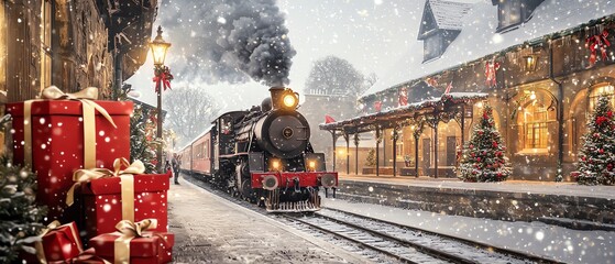 Nostalgic Christmas Eve train station, steam engine arriving with gifts, white background