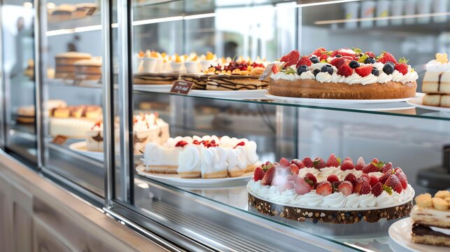 A display case full of cakes and pastries.