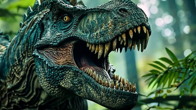 Tyrannosaurus rex roaring in a lush jungle