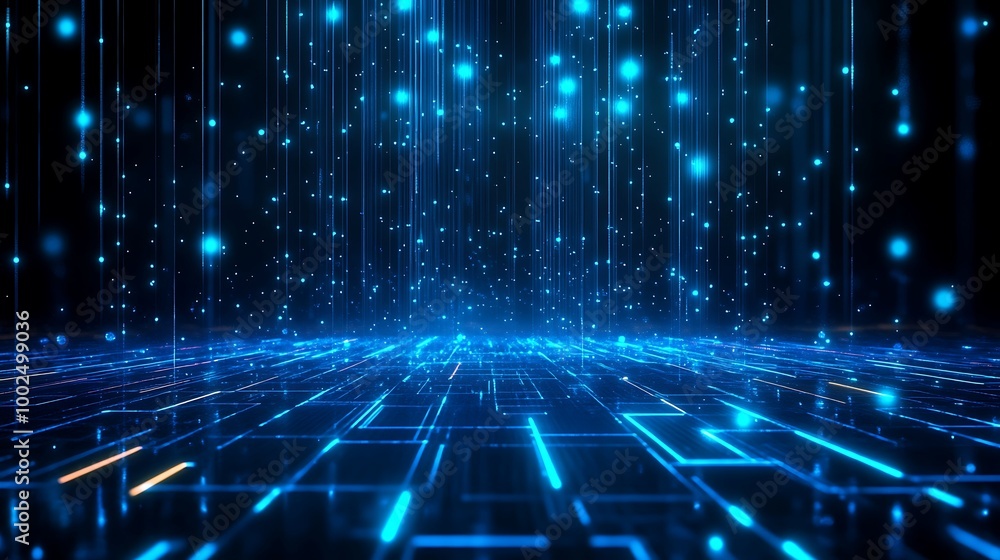 Poster futuristic digital landscape with glowing blue lights and grid patterns creating a modern virtual en