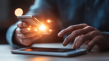 Naklejka premium A person is using a smartphone while interacting with a tablet, illuminated by a glowing effect, suggesting a high-tech digital environment.