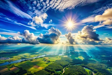 A stunning display of sunlight and clouds dances across a brilliant blue sky, embodying nature's tranquility and