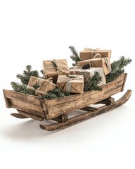Rustic wooden sleigh filled with wrapped gifts, snowy scene, white background