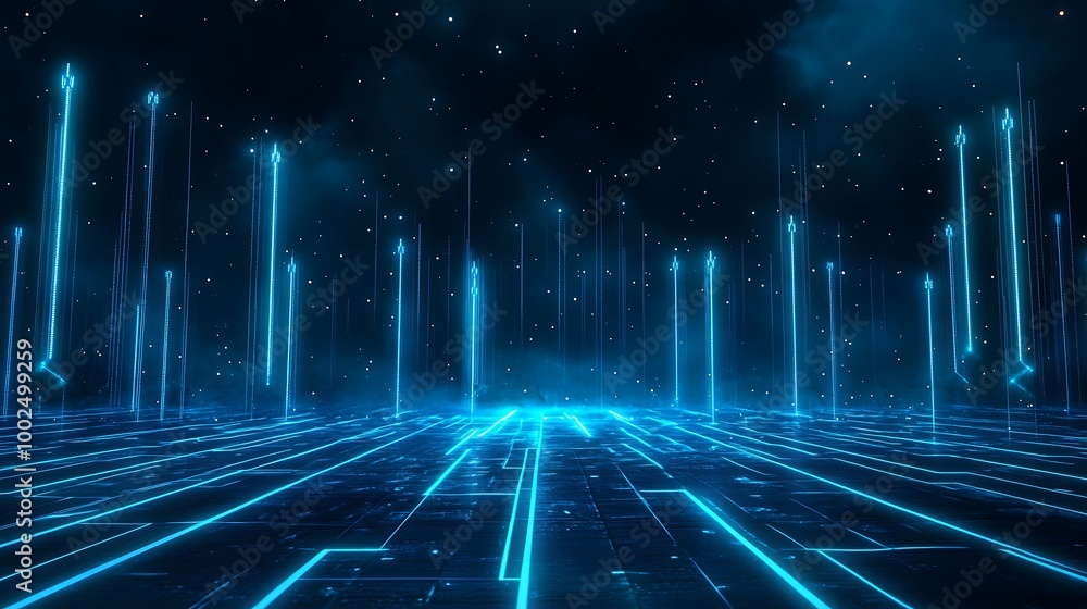 Poster futuristic digital landscape with glowing blue lines and arrows, creating a high-tech atmosphere.