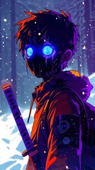 Anime Cyberpunk Samurai with Glowing Eyes in Snowy Landscape