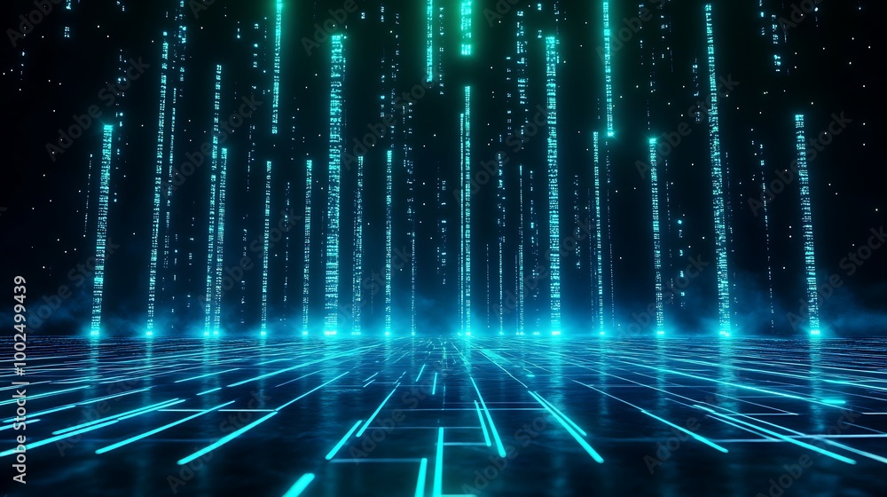 Poster futuristic digital landscape with glowing blue lines and data streams, representing advanced technol