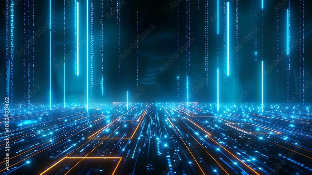 Poster futuristic digital landscape with glowing blue lines and data streams, creating an immersive virtual