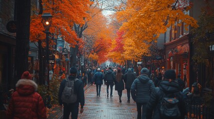 Busy city street lined with colorful autumn trees and people walking in a vibrant neighborhood