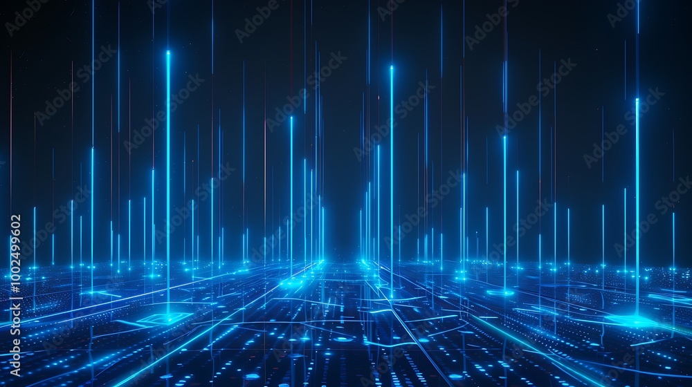 Poster futuristic digital landscape with glowing blue lines and grid patterns, showcasing modern technology