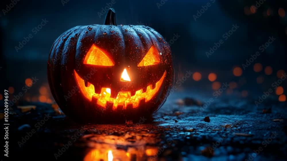 Wall mural Realistic close up pumpkin lantern with spooky light effect, halloween celebration background in autumn. AI generated