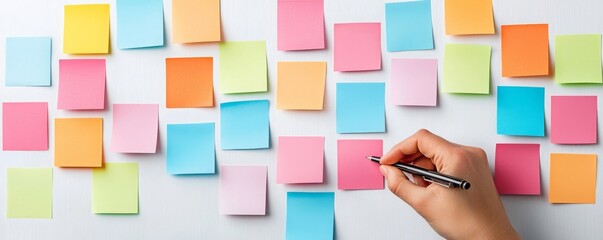 A hand holds a pen over colorful sticky notes arranged on a white surface, suggesting brainstorming or organization.