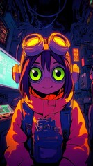 Anime Girl with Goggles and Walkie Talkie in a Futuristic Setting