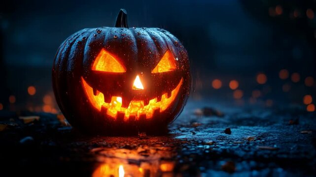 Realistic close up pumpkin lantern with spooky light effect, halloween celebration background in autumn. AI generated