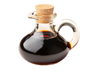 a glass bottle with a cork and a brown liquid