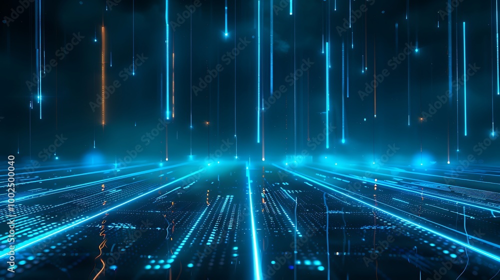 Poster futuristic digital landscape with glowing blue lines and particles, creating a high-tech atmosphere.