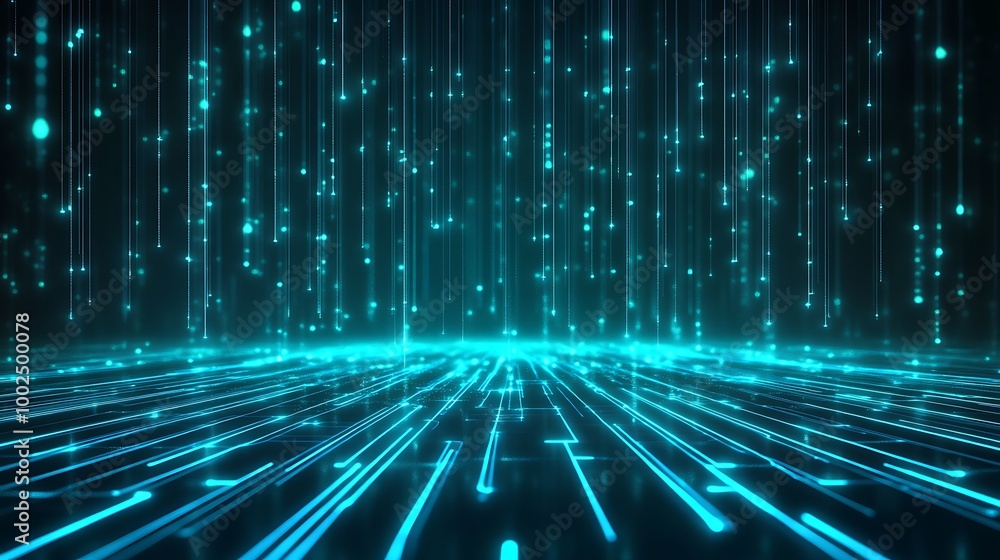 Poster futuristic digital landscape with glowing blue lines and particles, representing data flow and conne