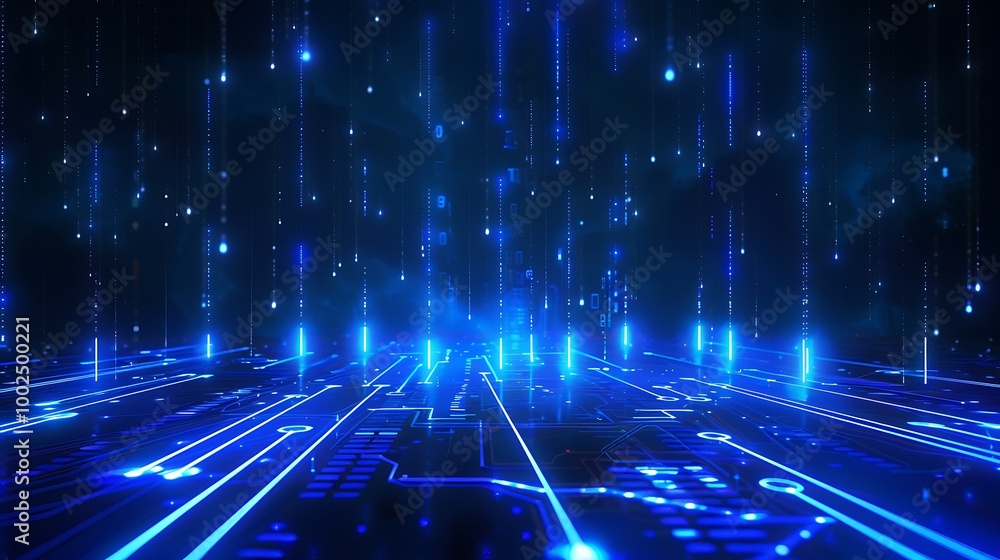Aufkleber futuristic digital landscape with glowing blue lines and particles creating a sense of depth and mot