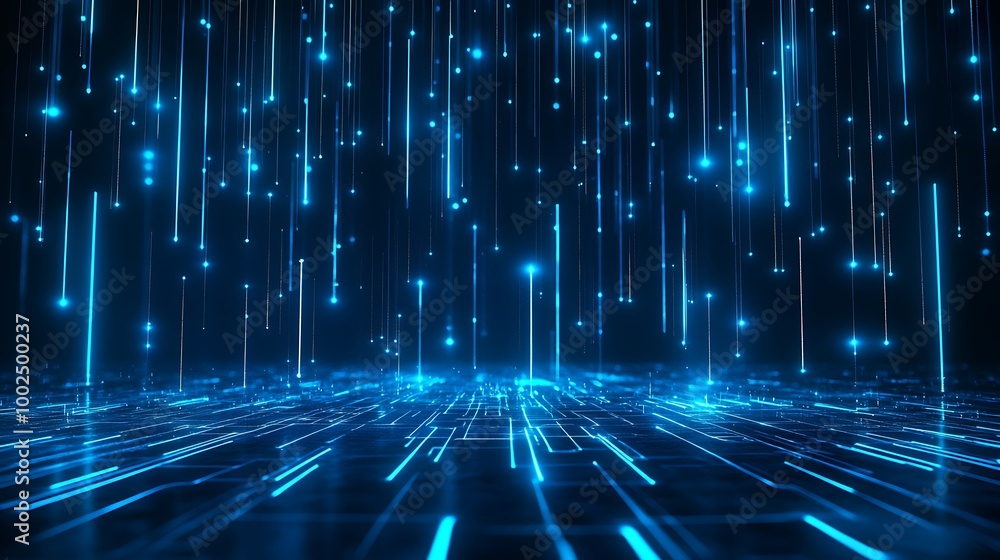 Poster futuristic digital landscape with glowing blue lines and particles, creating a sense of depth and mo